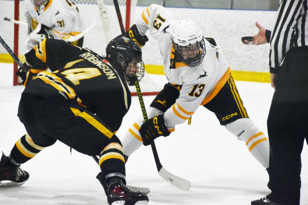 Shawnigan Lake School and BWC Academy battle in U18 Prep action on March 7, 2026, at the CSSHL Western Championships in Penticton. (Logan Lockhart/Western News)