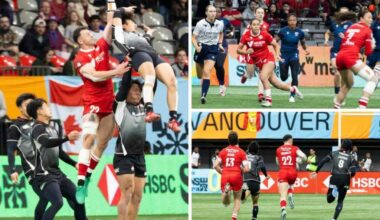 South Surrey-based rugby players Kyle Tremblay (left and bottom right) and Shoshannah Seumanutafa play at HSBC Vancouver Sevens at BC Place in Vancouver Saturday (March 7). Both are Bayside Rugby alumni. (Anna Burns/Surrey Now-Leader photos)
