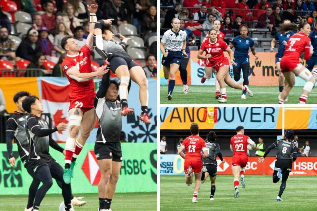 South Surrey-based rugby players Kyle Tremblay (left and bottom right) and Shoshannah Seumanutafa play at HSBC Vancouver Sevens at BC Place in Vancouver Saturday (March 7). Both are Bayside Rugby alumni. (Anna Burns/Surrey Now-Leader photos)