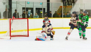 The White Rock Whalers beat Cloverdale HC goaltender Blake Clark with a 1st period goal March 9 in Game 4 of the second round of the PJHL&rsquo;s 2026 Harold Brittain Conference playoffs. The Whalers capitalized on some early Cloverdale mistakes and ended up winning the contest 7-2 to take a 3-1 series lead. (Photo: Jason Sveinson/Cloverdale Reporter)