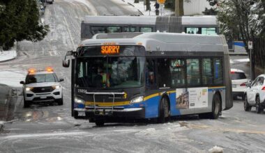 A transit bus was stuck on 104 Ave near Old Yale Road in Surrey on March 10, 2026. (1st Due Media/ Contributed to Surrey Now-Leader)