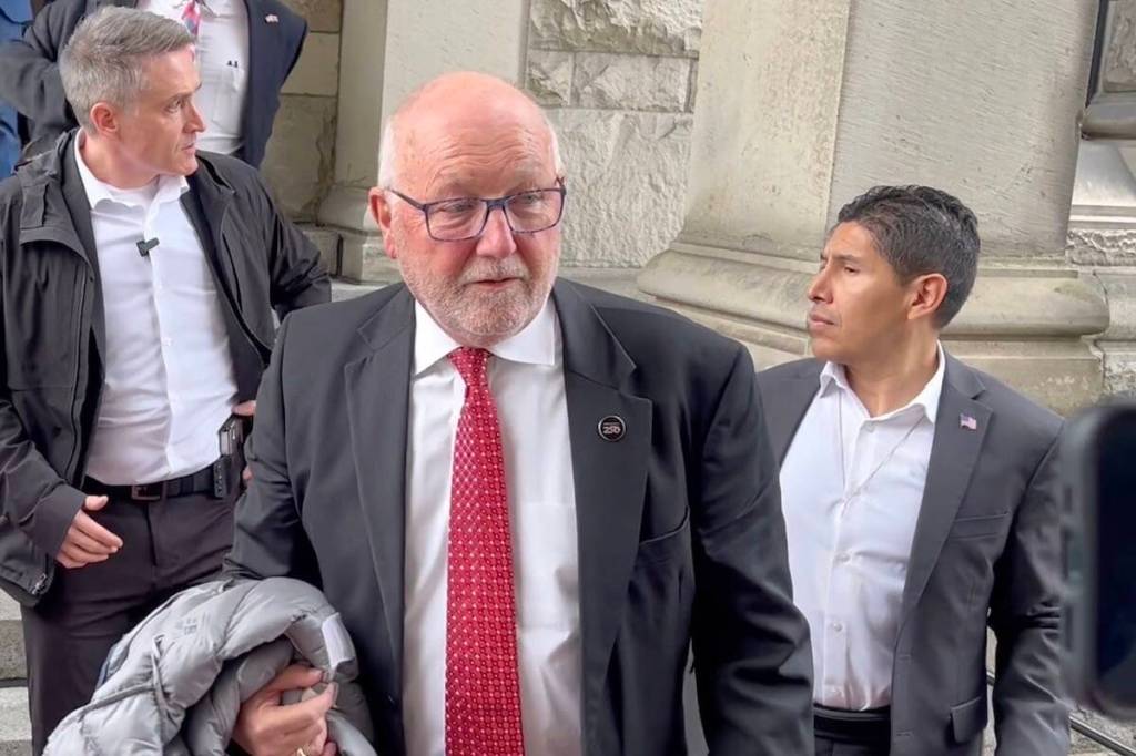 U.S. Ambassador Pete Hoekstra leaving a meeting with Premier David Eby on Tuesday, March 10, 2026. (Mark Page/Black Press Media)