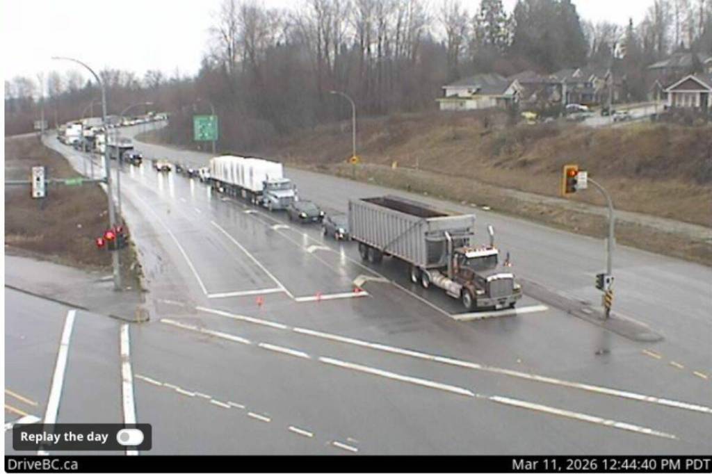 Traffic is being rerouted onto 104 Avenue while police invesigate a crash at Highway 17 and 104. (Drive BC image)