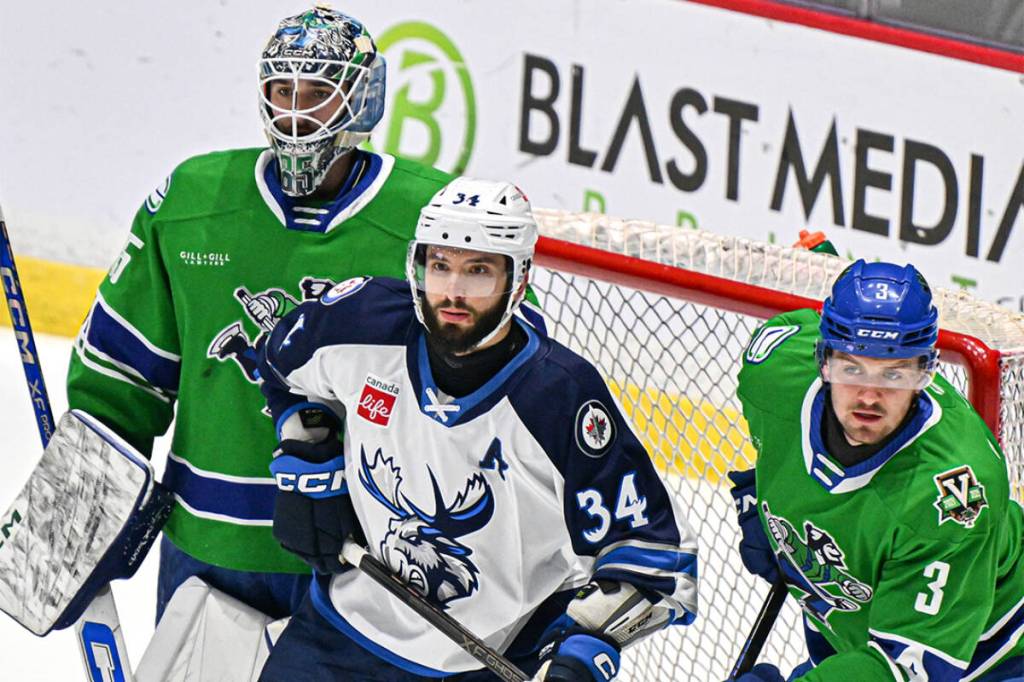 Abbotsford Canucks goalie Ty Young recorded his third straight win over the Manitoba Moose on Wednesday (March 11). (Abbotsford Canucks photo)