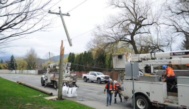 A power-services crew from Graham was on scene at Vedder Road in Chilliwack since 5 a.m. on Thursday, March 12, 2026 following a wicked overnight wind storm. A portion of the Vedder Road, from Manuel Road to Stevenson Road, was closed as they fixed the utility poles and power lines. (Jenna Hauck/ Chilliwack Progress)