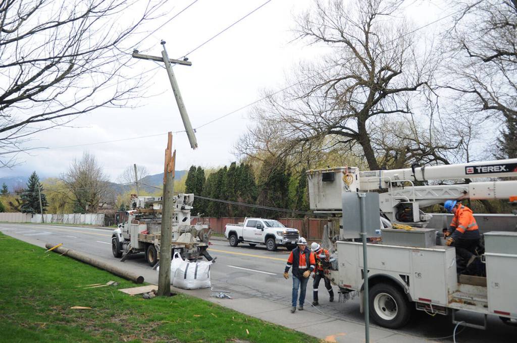 A power-services crew from Graham was on scene at Vedder Road in Chilliwack since 5 a.m. on Thursday, March 12, 2026 following a wicked overnight wind storm. A portion of the Vedder Road, from Manuel Road to Stevenson Road, was closed as they fixed the utility poles and power lines. (Jenna Hauck/ Chilliwack Progress)