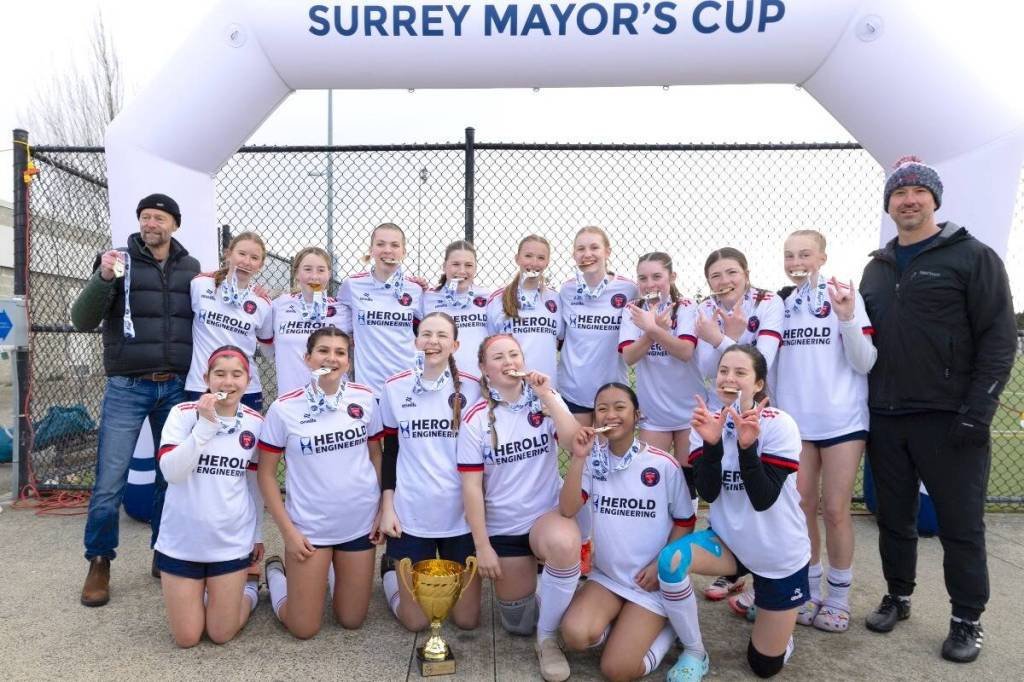 A trophy-winning team at the 2025 Surrey Mayor&rsquo;s Cup soccer tournament. (Facebook photo)