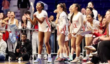 Surrey&rsquo;s Holy Cross Crusaders senior girls basketball team in the 2A division B.C. championship final at Langley Events Centre on Saturday, Feb. 28, 2026. (Contributed/Garrett James, Langley Events Centre)