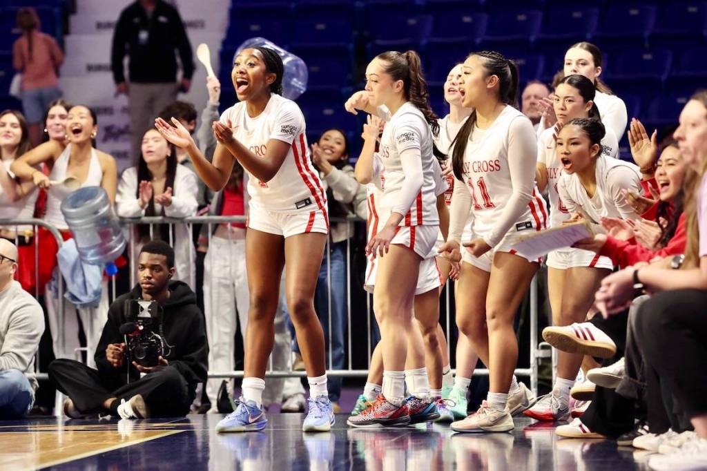 Surrey&rsquo;s Holy Cross Crusaders senior girls basketball team in the 2A division B.C. championship final at Langley Events Centre on Saturday, Feb. 28, 2026. (Contributed/Garrett James, Langley Events Centre)