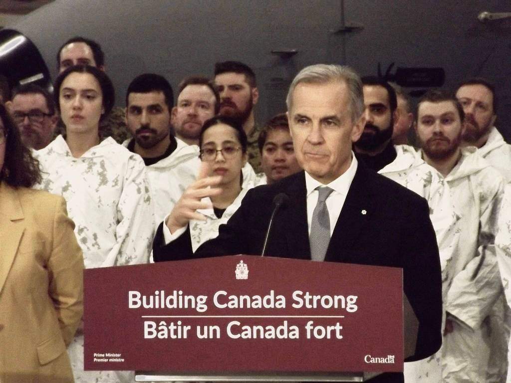 Speaking in Yellowknife on March 12, Prime Minister Mark Carney announces more than $40 billion in military investment and major infrastructure projects in Canada&rsquo;s North. Kody Ferron/NNSL photo