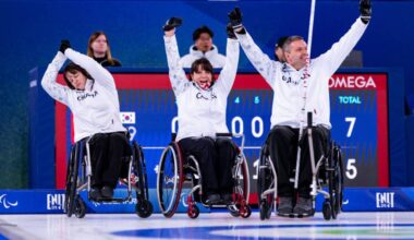 Spallumcheen&rsquo;s Ina Forrest (left) and Canadian teammates Collinda Joseph (centre) and Mark Ideson react after stealing three points in the final end for a stunning 8-7 victory over Korea in the semifinals of wheelchair curling at the Paralympics in Italy Friday, March 13. (World Curling Facebook photo)