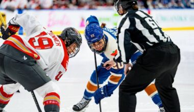 Brianne Jenner, left, and Sarah Nurse during a face-off in the Vancouver Goldeneyes vs the Ottawa Charge game, March 14, 2025, in Vancouver. Nurse scored the first goal for the Goldeneyes midway through the third period. (PWHL)
