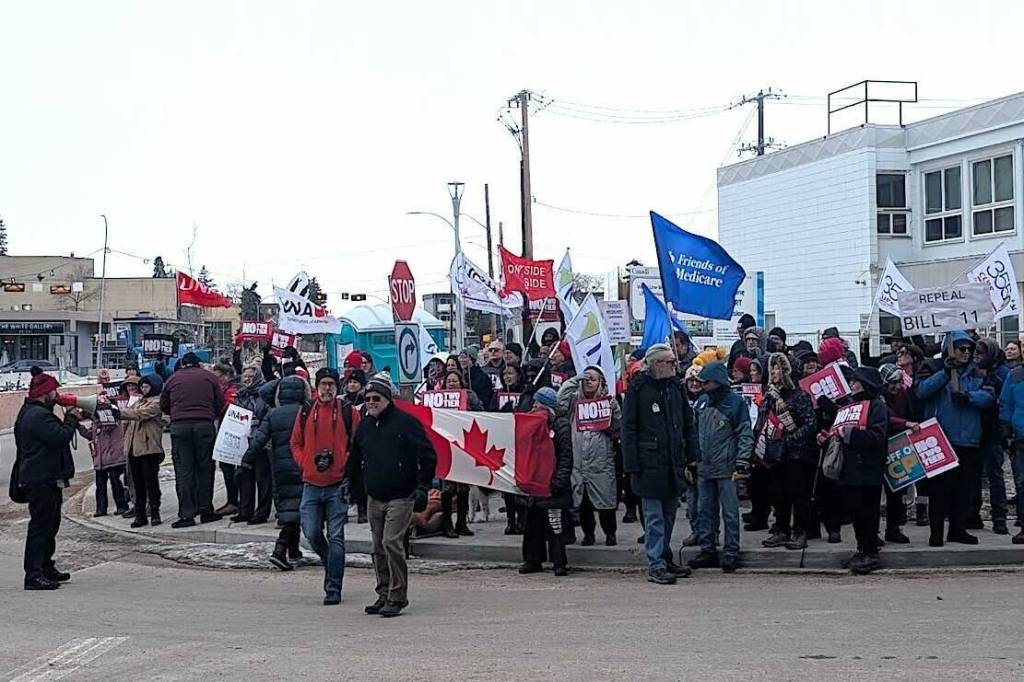 Albertans rallied outside Liberal MP&rsquo;s offices in Edmonton and Calgary during a National Day of Action on March 16, 2026 to protest two-tier health care. (Photo from Friends of Medicare on Facebook)