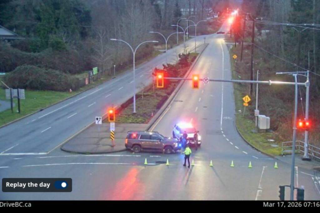 Police closed 16th Ave near 168 Street Tuesday morning (March 17) while they investigated a crash. (DriveBC.ca/ screenshot)