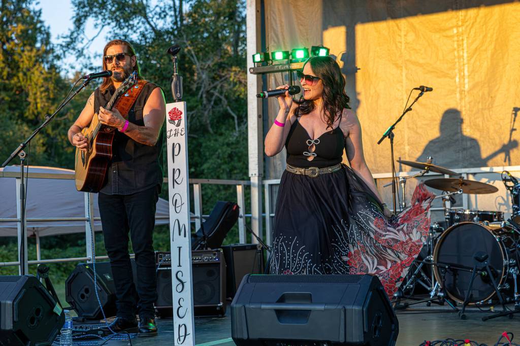 Jesse and Noelle Burch, of Vancouver and Calgary-based Canadian roots-rockabilly band The Promised, perform at the 2025 Salmon Sessions Music Festival at South Surrey&rsquo;s Semiahmoo Fish and Game Club. (Contributed photo)