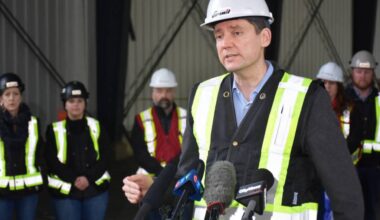 Premier David Eby took questions from reporters at the Jewel Welding site. (Neil Corbett/The News)