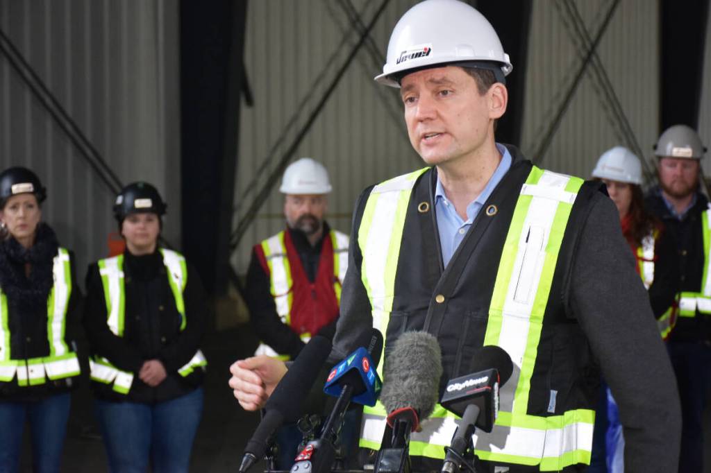 Premier David Eby took questions from reporters at the Jewel Welding site. (Neil Corbett/The News)