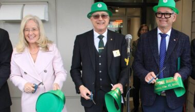 Mike Garisto (centre) cuts the ribbon to officially open Zappone Manor in Cloverdale. He&rsquo;s flanked by local MPs, and fellow ribbon cutters, Tamara Jansen and Ernie Klassen. Garisto said he was relieved to finally get the building open, as it&rsquo;s been a 10-year process. (Photo: Malin Jordan/Cloverdale Reporter)