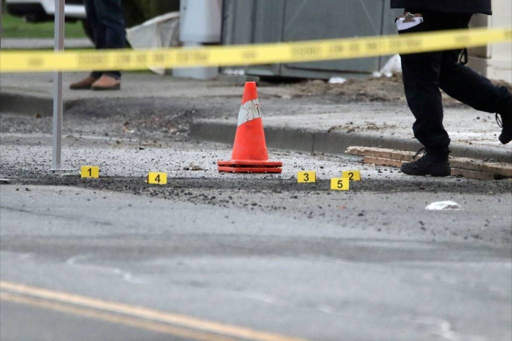 Police on scene at the targeted shooting of a residence in North Delta on Jan. 7 that is believed to be related to an ongoing extortion investigation. (1st Due Media/contributed photo)