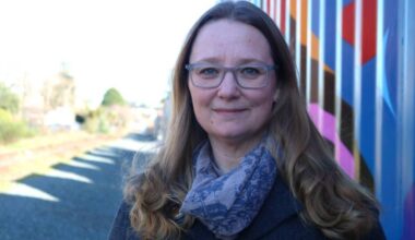 City of Langford Coun. Kimberly Guiry stands by Station Avenue in Langford on Feb. 14, 2023. (Bailey Moreton/Goldstream Gazette file photo)