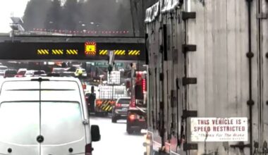 B.C. Highway Patrol released a photo of a vehicle being sought in connection with an overpass strike of the CPKC Rail overpass on the afternoon of March 19, 2026. (Special to Langley Advance Times)