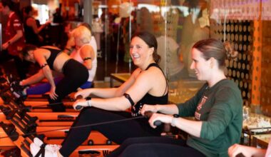 Jenn Gardiner and a friend during the Orangetheory Sweat & Social work out session on Thursday, March 19, 2026 in Surrey. (Anna Burns/ Surrey Now-Leader)