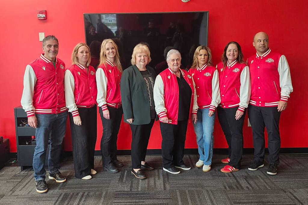 Mayor Brenda Locke stands with Surrey United Soccer Club board members March 20 before a major grant announcement for a new facility going in at Cloverdale Athletic Park. Ali Wilkinson, SUSC president (third from left), said her club was very thankful for the grant. (Photo: Malin Jordan/Cloverdale Reporter)