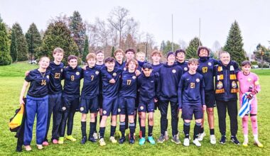 Oceanside Football Club U15 team consisting of, from right, Molli McMillen, Ramsey Miller, Tristan Shortt, Cole Christison, Ben Ryan, Andrew McMillen, Ryder Christison, Adrian Antonets, Emerson Lynch, Riley Kluth, Kai Sidhu, Mason Rankin, Travis Lynch, Paco Cano, Ollie McInnes, Mattieu Quinn-Chycoski, Mike McMillen and Vaughn Ghetler. (Contributed photo)