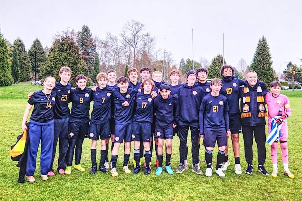 Oceanside Football Club U15 team consisting of, from right, Molli McMillen, Ramsey Miller, Tristan Shortt, Cole Christison, Ben Ryan, Andrew McMillen, Ryder Christison, Adrian Antonets, Emerson Lynch, Riley Kluth, Kai Sidhu, Mason Rankin, Travis Lynch, Paco Cano, Ollie McInnes, Mattieu Quinn-Chycoski, Mike McMillen and Vaughn Ghetler. (Contributed photo)