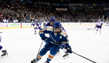 Sarah Nurse fights for the puck during the Vancouver Goldeneyes &rsquo; 3- 1 loss to the Minnesota Frost on Saturday, March 21, 2026, in Vancouver. (Anna Burns/ Surrey Now-Leader)
