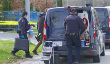 Investigators were at the scene of a shooting in the 5400-block of Production Boulevard, on the Surrey/Langley border. At least two bullet holes could be seen. (Dan Ferguson/Langley Advance Times)