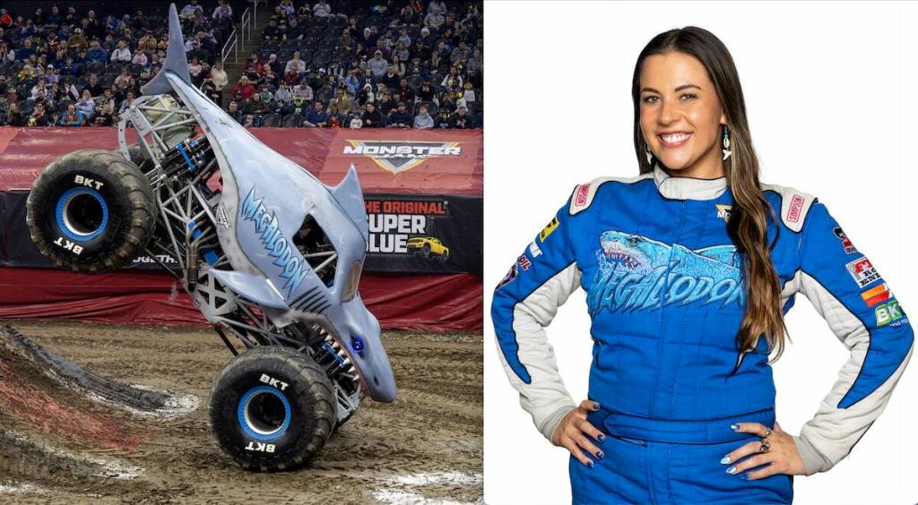 California&rsquo;s Ashley Sanford drives Megalodon at Monster Jam events. &ldquo;I love working with animals as a dog trainer and hitting the off-road trails in my Toyota 4Runner,&rdquo; she says of her hobbies. &ldquo;I used to compete in Top Fuel Dragsters &mdash; the fastest I&rsquo;ve been is 323mph!&rdquo; (Contributed/Feld Motor Sports)