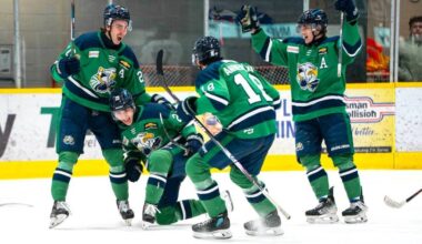 Surrey Eagles players celebrate during a win over Langley Rivermen on March 8, 2026. (Contributed/Sawyer Hrasko Photography via facebook.com/SurreyEagles)