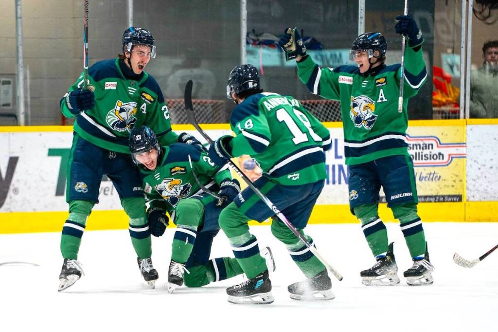 Surrey Eagles players celebrate during a win over Langley Rivermen on March 8, 2026. (Contributed/Sawyer Hrasko Photography via facebook.com/SurreyEagles)