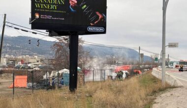 A fire breaks out at the Fairview homeless encampment in Penticton on Jan. 19, 2026. (Brennan Phillips/Penticton Western News)