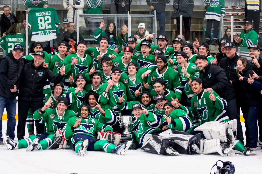 The PJHL&rsquo;s White Rock Whalers pose after winning the Harold Brittain Conference final and Pacific Cup in Mission Tuesday night (March 24). (Contributed to Peace Arch News)