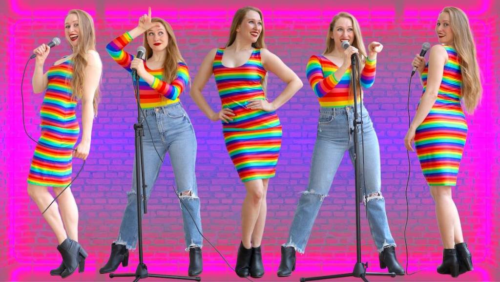 Toronto-based theatre performer Laura Piccinin in a multi-image promo photo for her &ldquo;Lesbihonest&rdquo; solo show, touring B.C. in spring 2026 including a Surrey Arts Centre date Thursday, April 9. (Jen Moore/Contributed to Surrey Now-Leader)