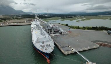 The GasLog Glasgow berths at the LNG Canada terminal in Kitimat June 28 to receive the facility's first cargo bound for Asian markets. Regulatory filings and industry signals suggest LNG Canada is advancing early groundwork for a potential Phase 2 expansion at its Kitimat terminal. LNG Canada photo