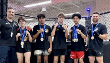 Mostafa Sabeti, left, Sophie Kulikov, Yaddev Chattha, Ivan Kulikov, Arya Sabeti, Jackson Higgins after a successful 2025 competition. Sabeti&rsquo;s Golden Glory Martial Arts Academy in South Surrey is hosting the first-ever ISKA Canada Officials Course in the country this weekend. (Contributed to Peace Arch News)