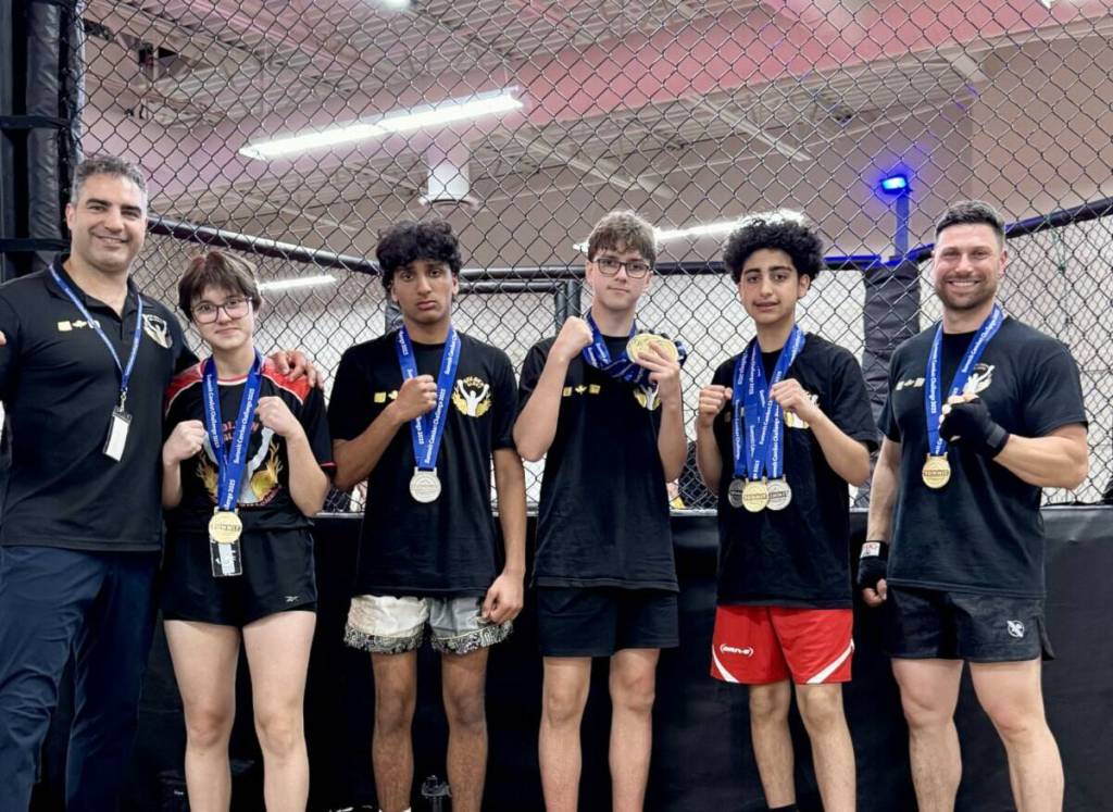 Mostafa Sabeti, left, Sophie Kulikov, Yaddev Chattha, Ivan Kulikov, Arya Sabeti, Jackson Higgins after a successful 2025 competition. Sabeti&rsquo;s Golden Glory Martial Arts Academy in South Surrey is hosting the first-ever ISKA Canada Officials Course in the country this weekend. (Contributed to Peace Arch News)