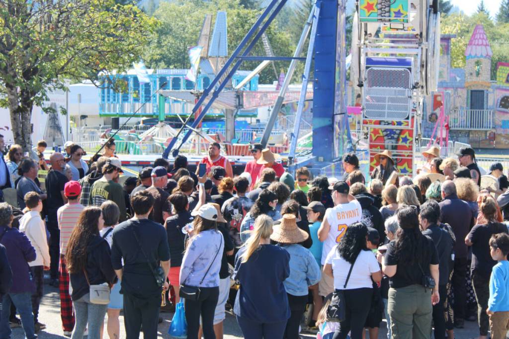 Dozens of Prince Rupert residents joined the staff of Shooting Star Amusements for a healing circle following the death of Robert Nickerson, a ride operator, on Aug. 26, 2025. (Thom Barker/The Northern View)