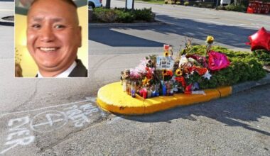 A memorial to Paul Prestbakmo (inset) grew quickly on the median adjacent to where he died, after suffering stab wounds in the early hours of Aug. 16, 2019. The two teens convicted of killing him were in Vancouver law courts March 27, 2026 to appeal their life sentence. (Facebook/Peace Arch News files)