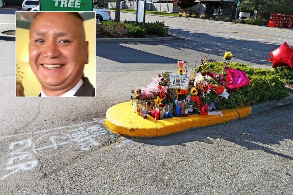 A memorial to Paul Prestbakmo (inset) grew quickly on the median adjacent to where he died, after suffering stab wounds in the early hours of Aug. 16, 2019. The two teens convicted of killing him were in Vancouver law courts March 27, 2026 to appeal their life sentence. (Facebook/Peace Arch News files)
