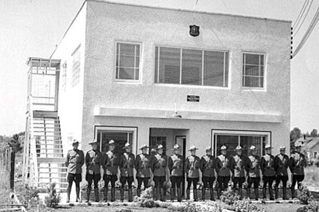 Members of the RCMP pause for a photo 75 years ago in May, 1951, when the RCMP first took over policing in the Surrey community of Cloverdale. (Photo submitted: RCMP)