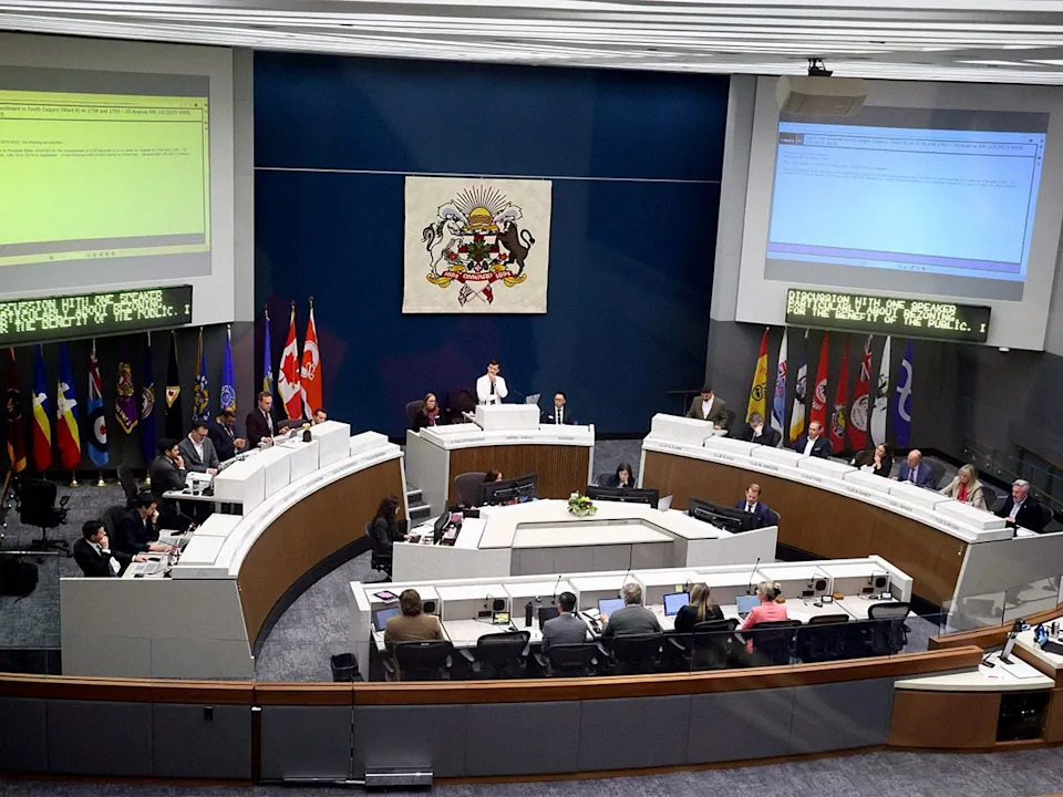  The city hall council room is seen in Calgary on Tuesday, Nov. 18, 2025.