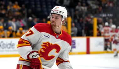 Calgary Flames’ Connor Zary leaves game after hit from A.J. Greer