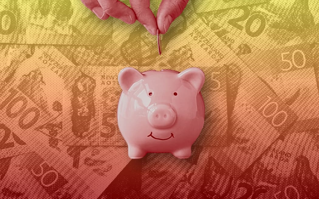 Colourful composite imagery of NZ currency, and a hand depositing into a piggy bank