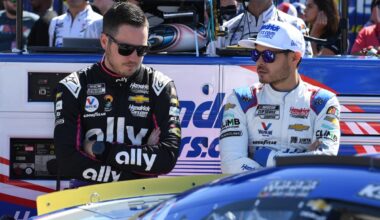 An image of Hendrick Motorsports drivers Alex Bowman and Kyle Larson looking disappointed
