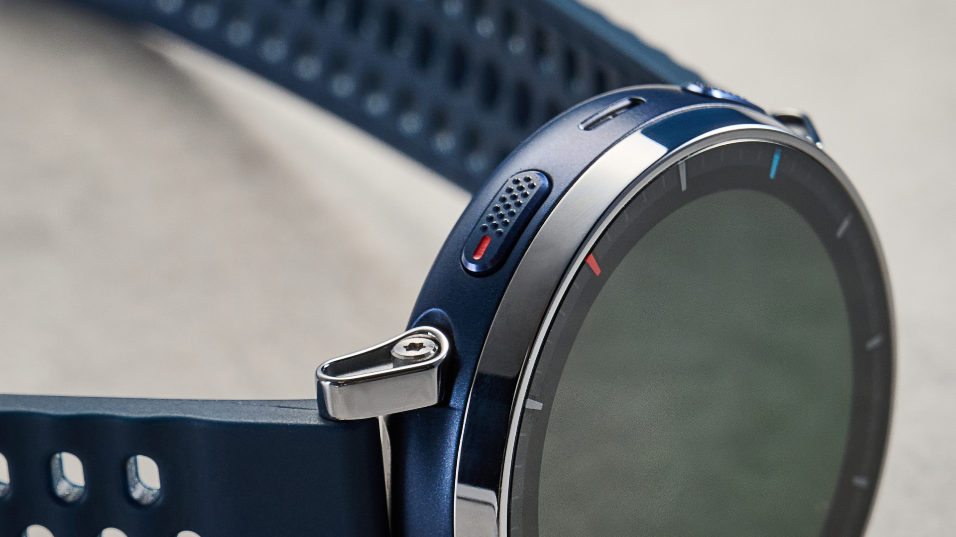 the amazfit active 3 premium photographed against the blue tom's guide background
