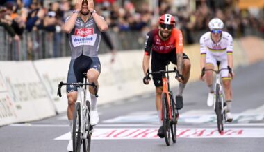 Dutch Mathieu van der Poel of Alpecin-Deceuninck, Italian Filippo Ganna of Ineos Grenadiers and Slovenian Tadej Pogacar of UAE Team Emirates pictured in action during the 'Milano-Sanremo' one day cycling race for men, 289km from Milan to Sanremo, Italy, Saturday 22 March 2025. BELGA PHOTO DIRK WAEM (Photo by DIRK WAEM / BELGA MAG / Belga via AFP)